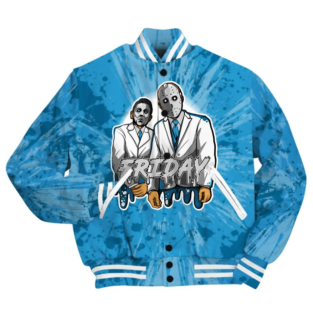 Varsity Jacket To Match Powder Blue 9s Shirt - Friday Halloween Graphic Luxury All Over Print