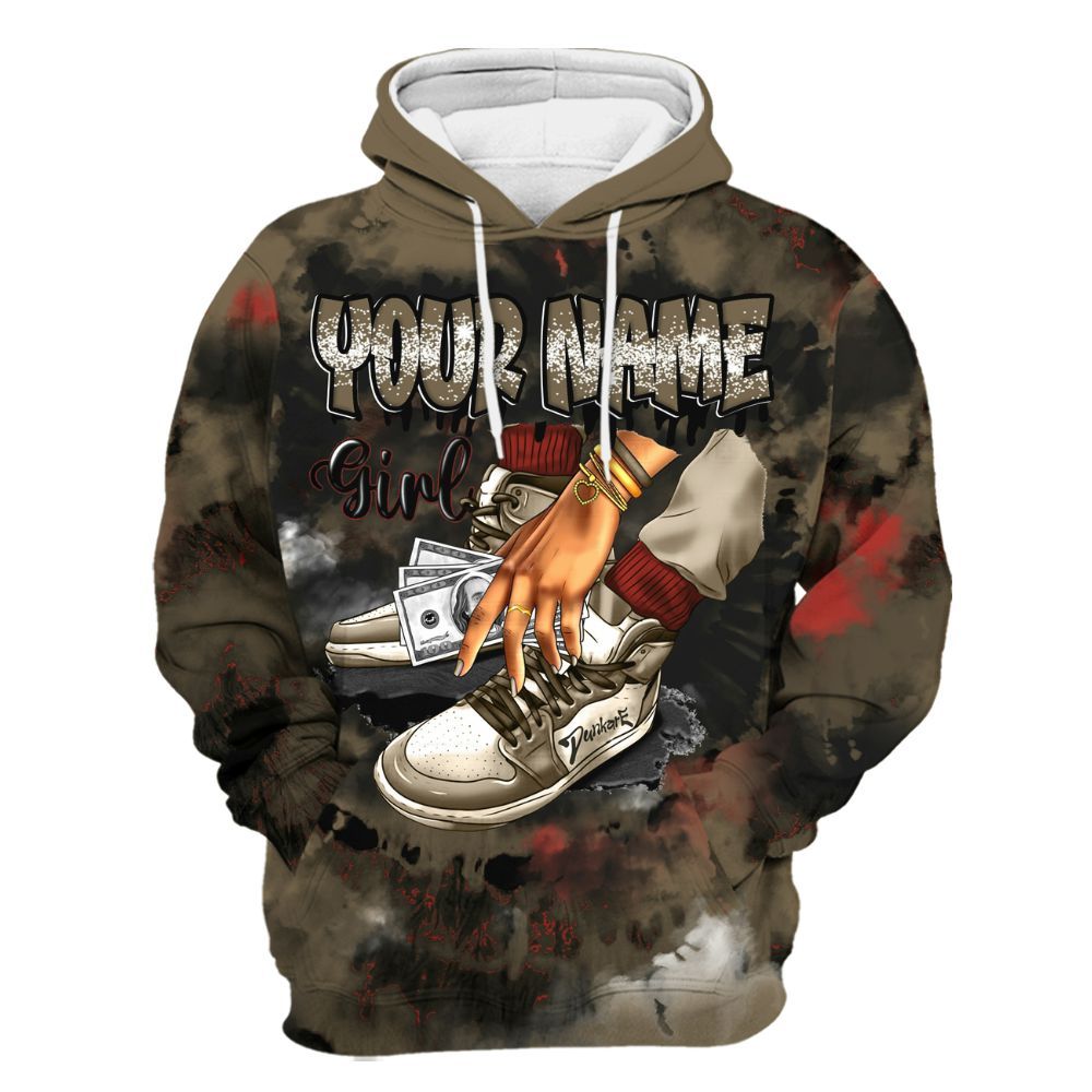 Hoodie To Match Olive 9s - Custom Name SNEAKER Girl Money Drip Tie Dye All Over Print