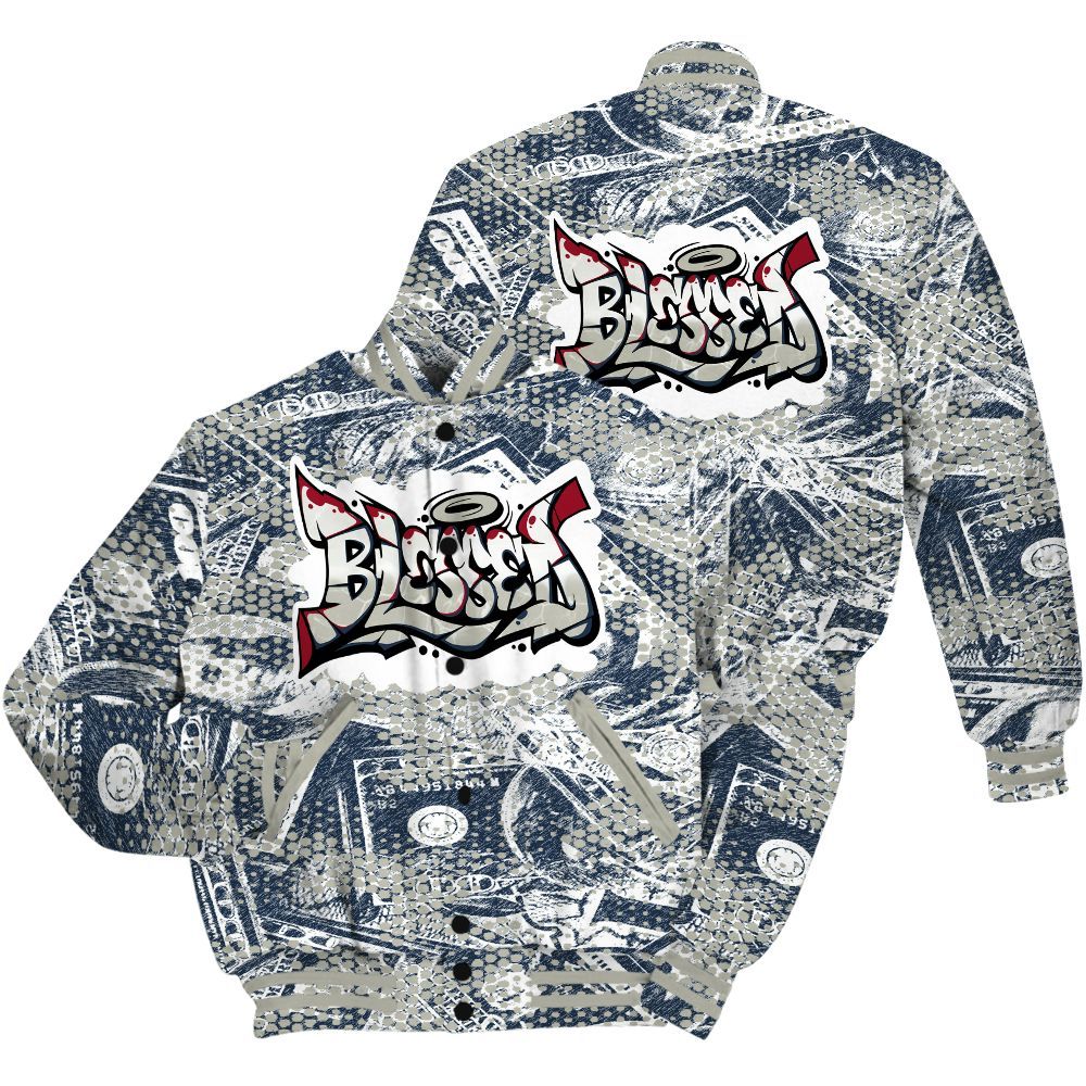Varsity Jacket To Match Navy Blue 2024 6s Shirt - Blessing Graphic Banknotes All Over Print