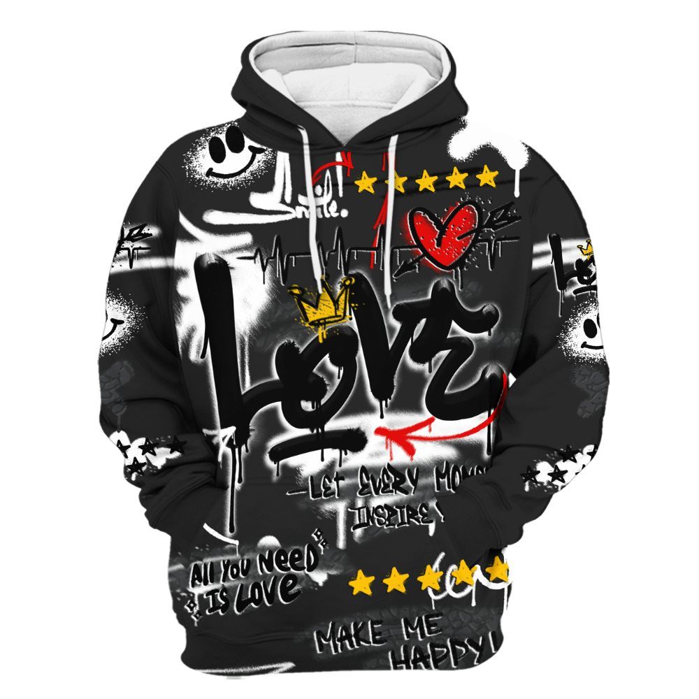 Hoodie To Match Black Cat 3s - Happy Love Beats Graffiti Streetwear All Over Print
