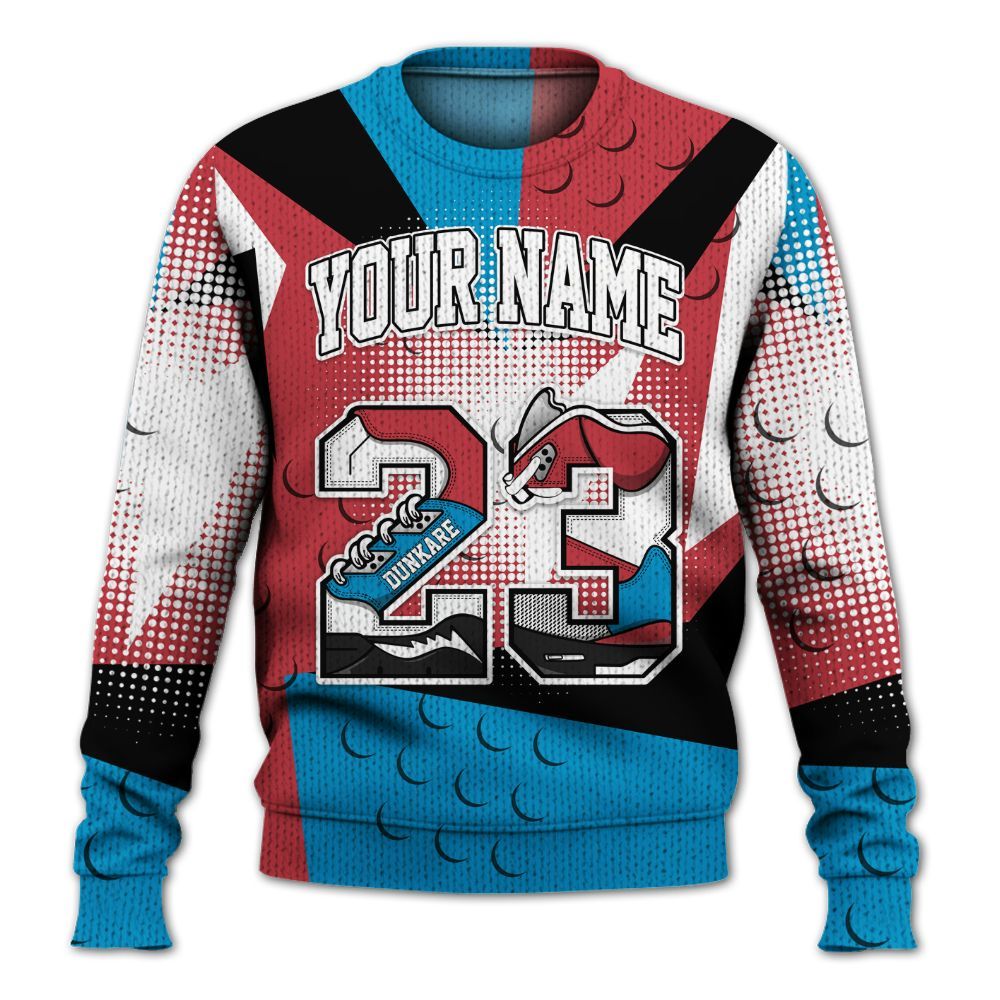 Knitted Sweater To Match High OG University Red Dark Powder Blue 1s - Poly Custom Name Number 23 5s