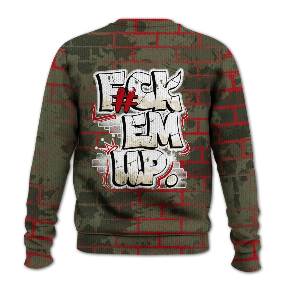 Knitted Sweater To Match Travis Scott Low OG Medium Olive 1s - F#ck Em Graphic Brick Art