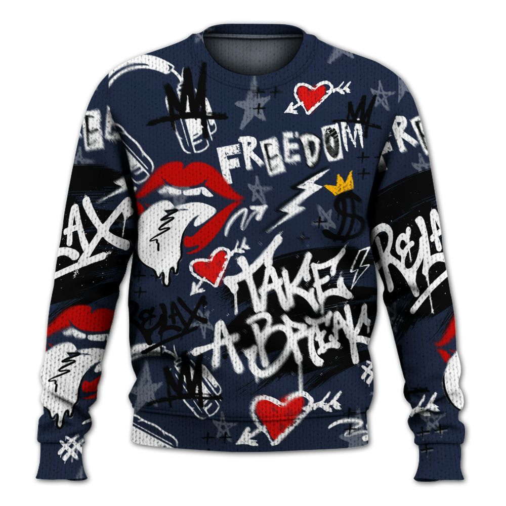 Knitted Sweater To Match Dunk Low White Midnight Navy - Take Break Freedom Graffiti Streetwear