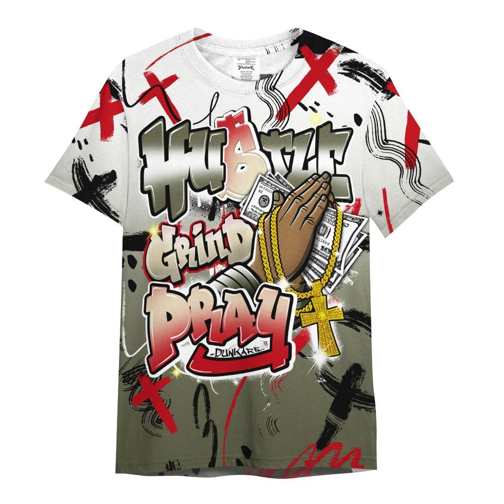 Shirt To Match Low OG Medium Olive 1s - Money Hustle Grind Pray All Over Print
