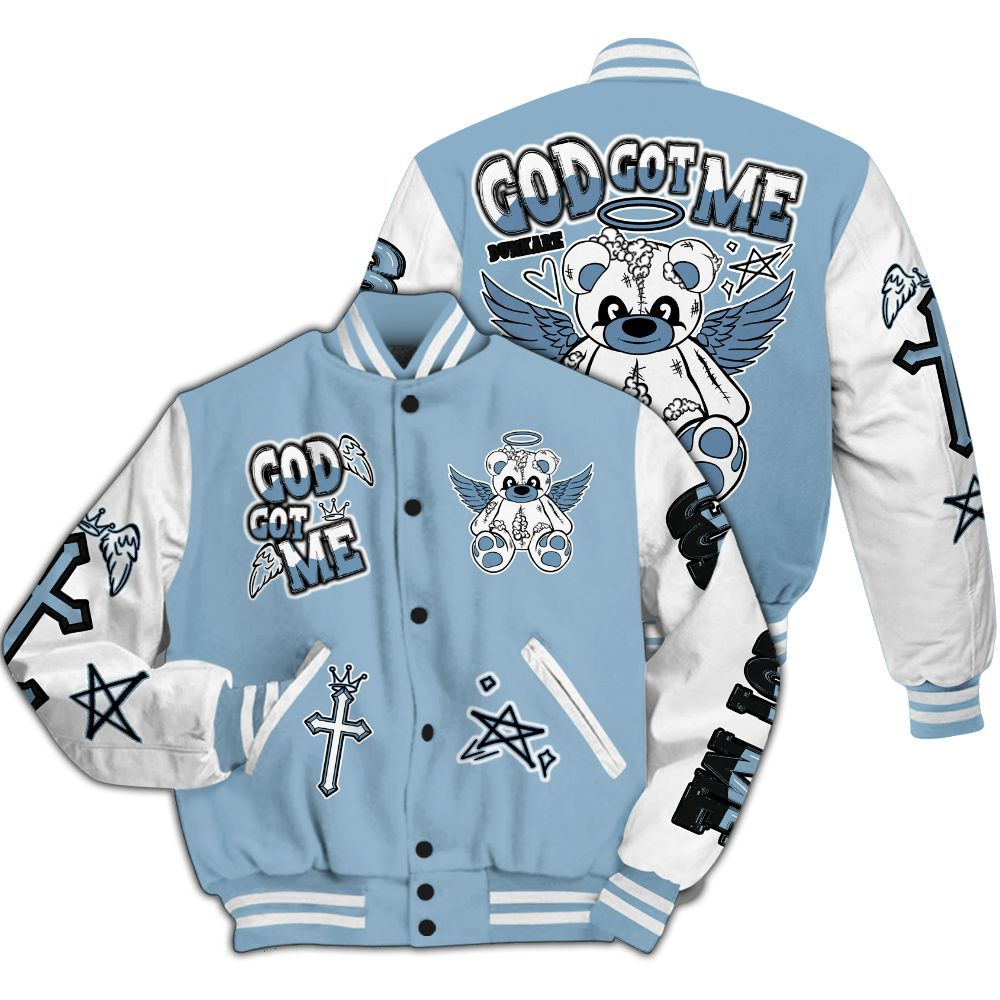 Varsity Jacket To Match High University Blue 1s - Gods Guides Me Bear All Over Print