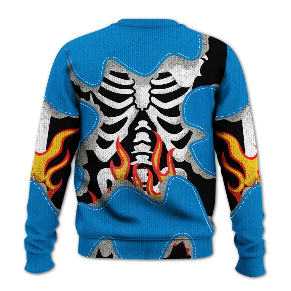 Knitted Sweater To Match Industrial Blue 4s - Skeleton Burning Heart Drip Military Blue 4s