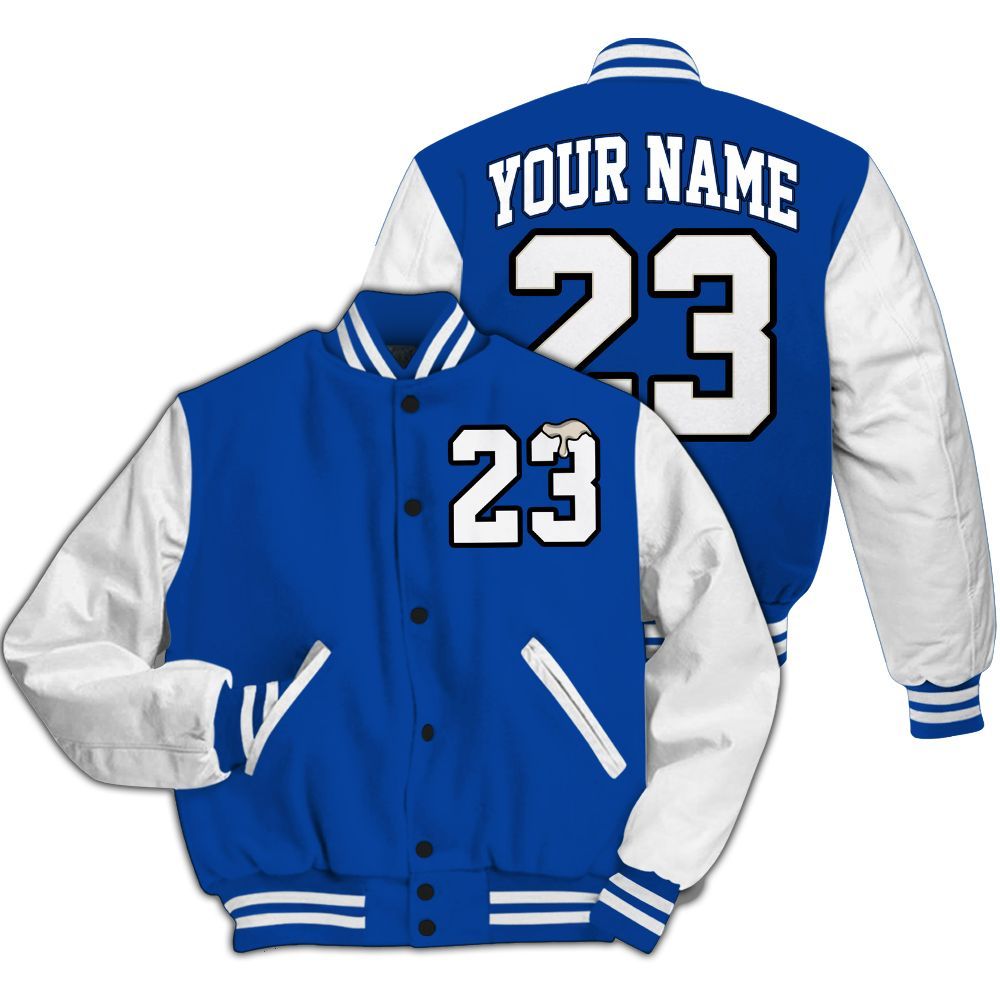 Varsity Jacket To Match Low Game Royal 1s - Custom Name Number 23 Drip All Over Print