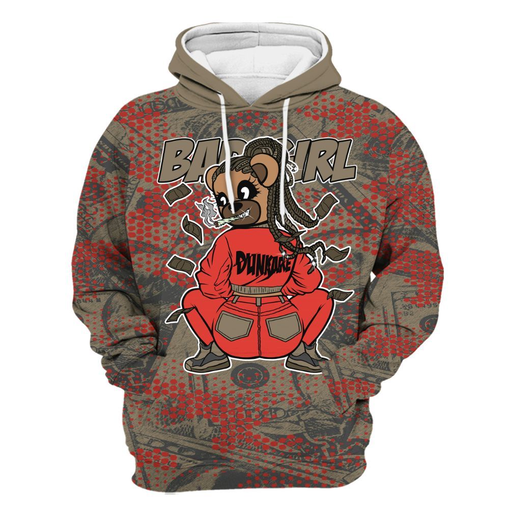 Hoodie To Match Olive 9s - Rebellious Girl Bear Banknotes Art All Over Print