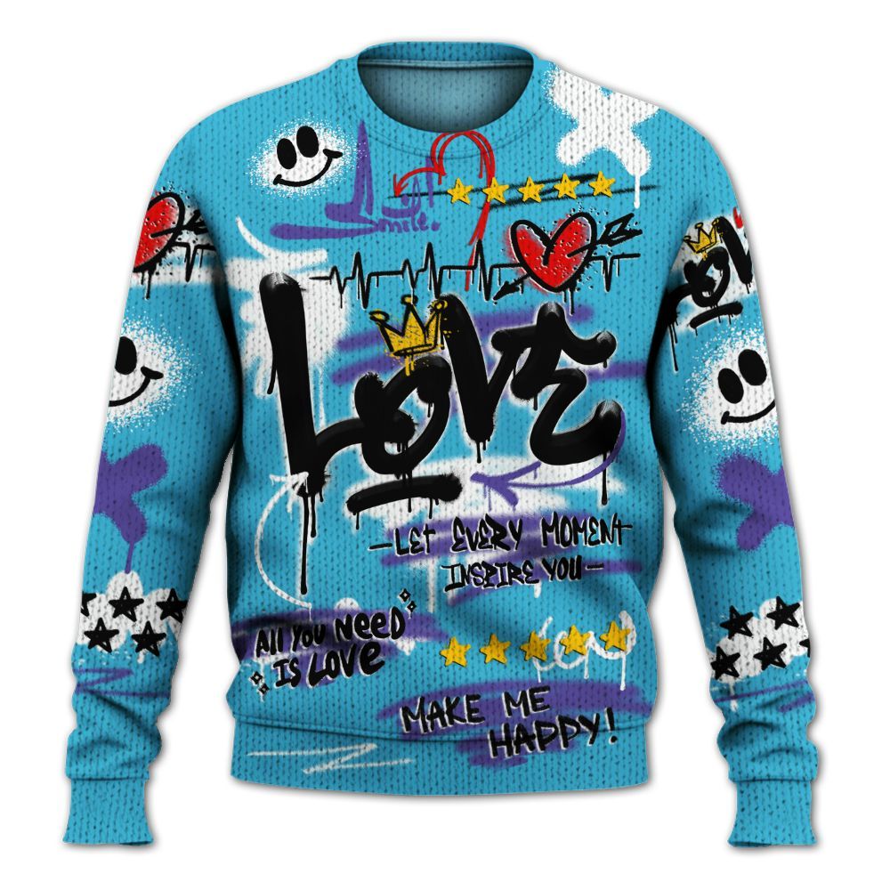 Knitted Sweater To Match Retro Aqua 6s - Happy Love Beats Graffiti Streetwear