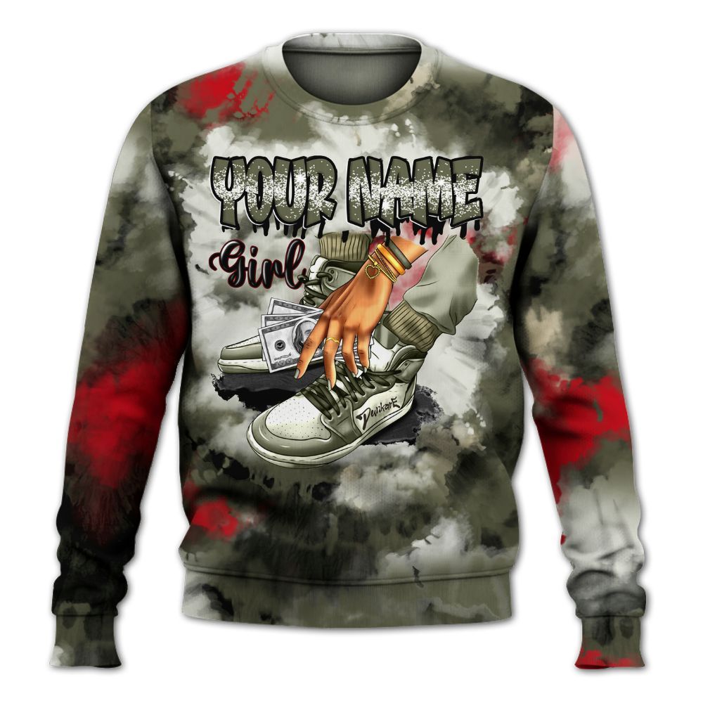 Sweatshirt To Match Low OG Medium Olive 1s - Custom Name SNEAKER Girl Money Drip Tie Dye All Over Print