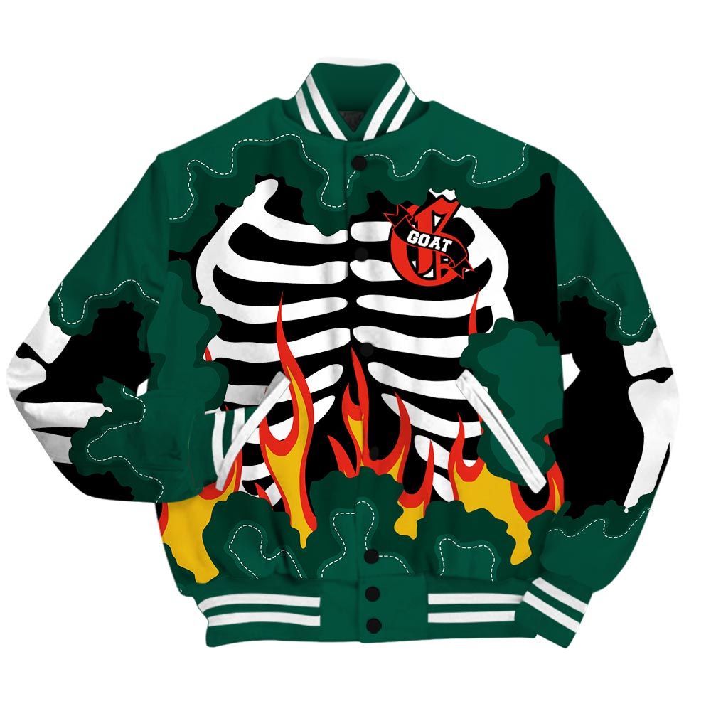Varsity Jacket To Match Oxidized Green 4s - G.O.A.T 23 Skeleton Flame Baseball Varsity Jacket Outfit