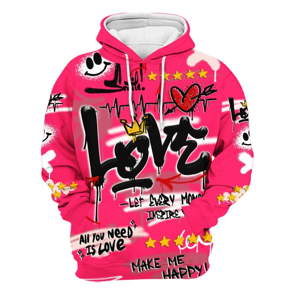 Hoodie To Match A'One Hyper Pink Shirt, Happy Love Beats Graffiti Streetwear All Over Print