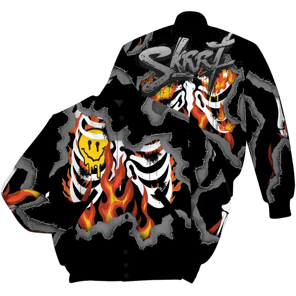 Varsity Jacket To Match White Thunder 4s Shirt, Skeleton On Fire Skrrt All Over Print