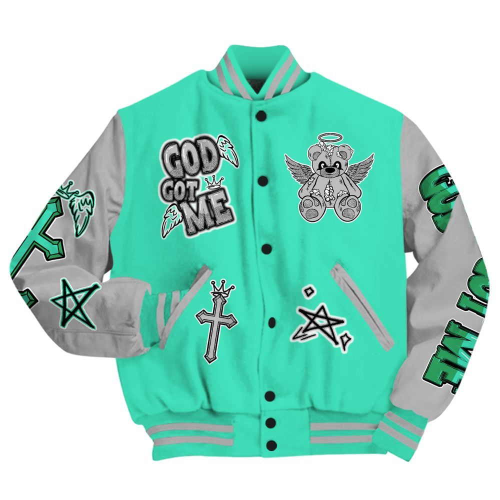Varsity Jacket To Match Black Green Glow 3s - Gods Guides Me Bear All Over Print