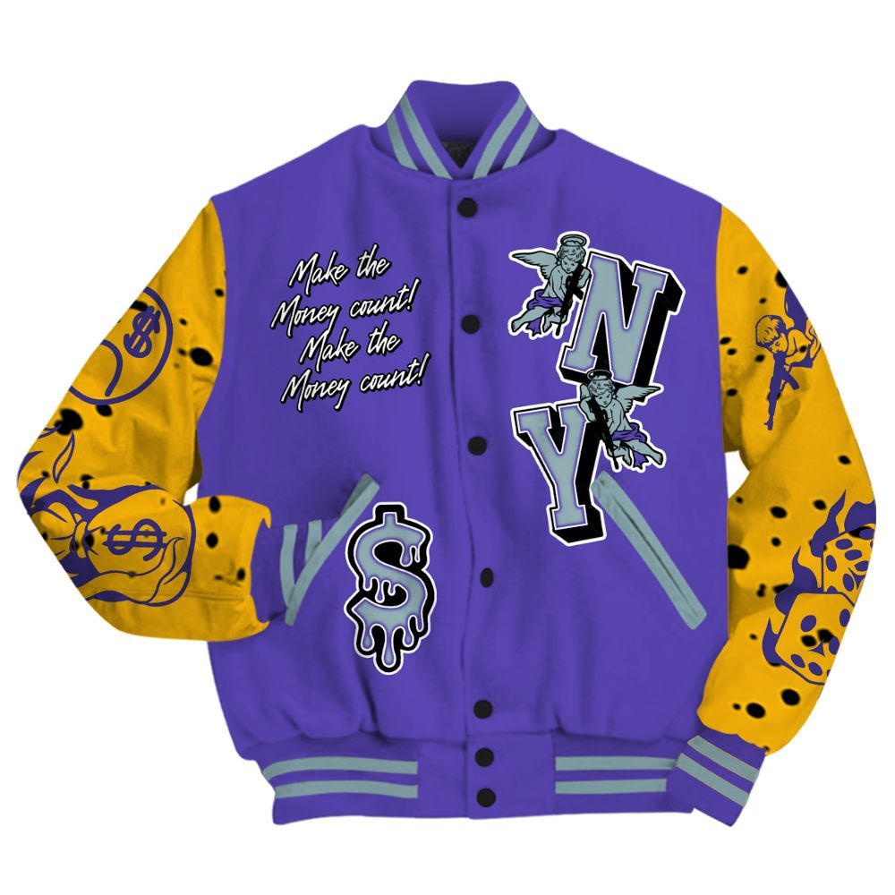 Varsity Jacket To Match Imperial Purple 4s - Paid In Full Money Graphic Varsity Jacket All Over Print