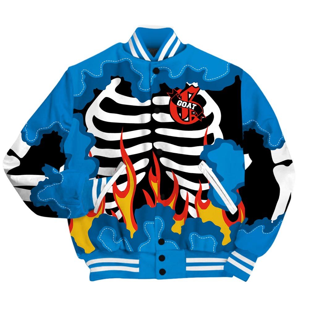 Varsity Jacket To Match Industrial Blue 4s - G.O.A.T 23 Skeleton Flame Baseball Varsity Jacket Military Blue 4s Outfit