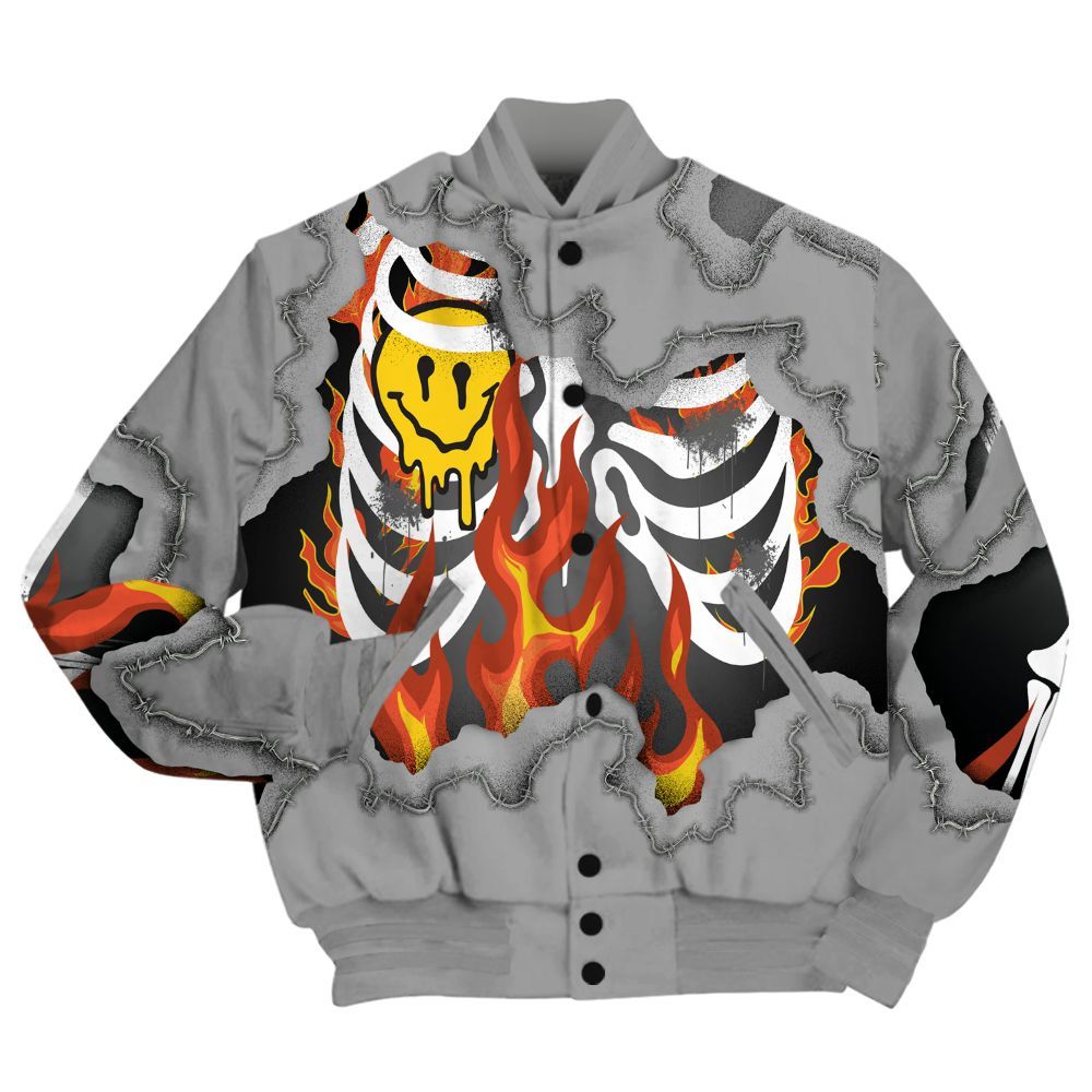Varsity Jacket To Match Black Wolf Grey 12s Shirt, Skeleton On Fire Skrrt All Over Print