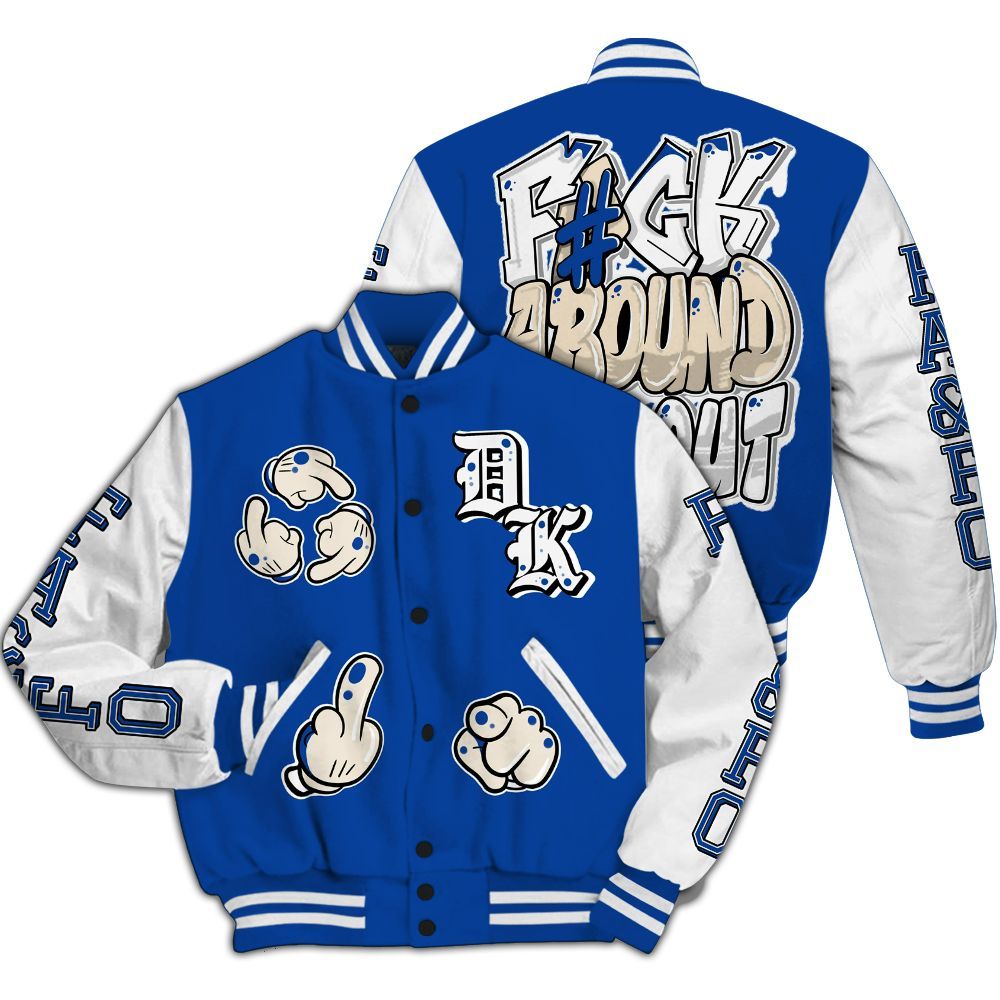Varsity Jacket To Match Low Game Royal 1s - F Around Find Out Graphic All Over Print