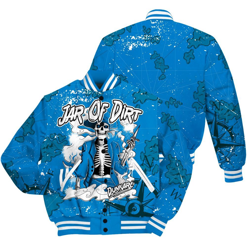 Varsity Jacket To Match Industrial Blue 4s - Skeleton Jar Of Dirt Retro Military Blue 4s Outfit All Over Print