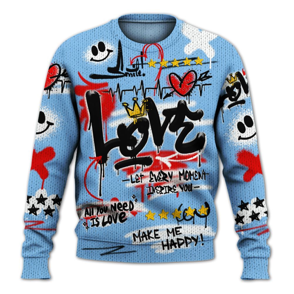Knitted Sweater To Match University Blue 5s - Happy Love Beats Graffiti Streetwear