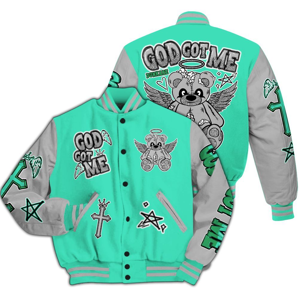 Varsity Jacket To Match Black Green Glow 3s - Gods Guides Me Bear All Over Print