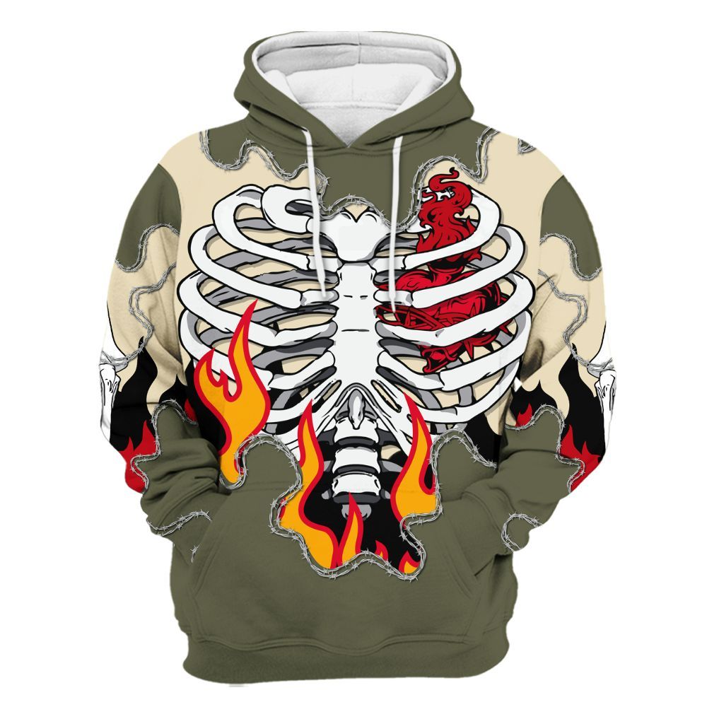 Hoodie To Match Travis Scott Low OG Medium Olive 1s - Skeleton Heart On Fire All Over Print