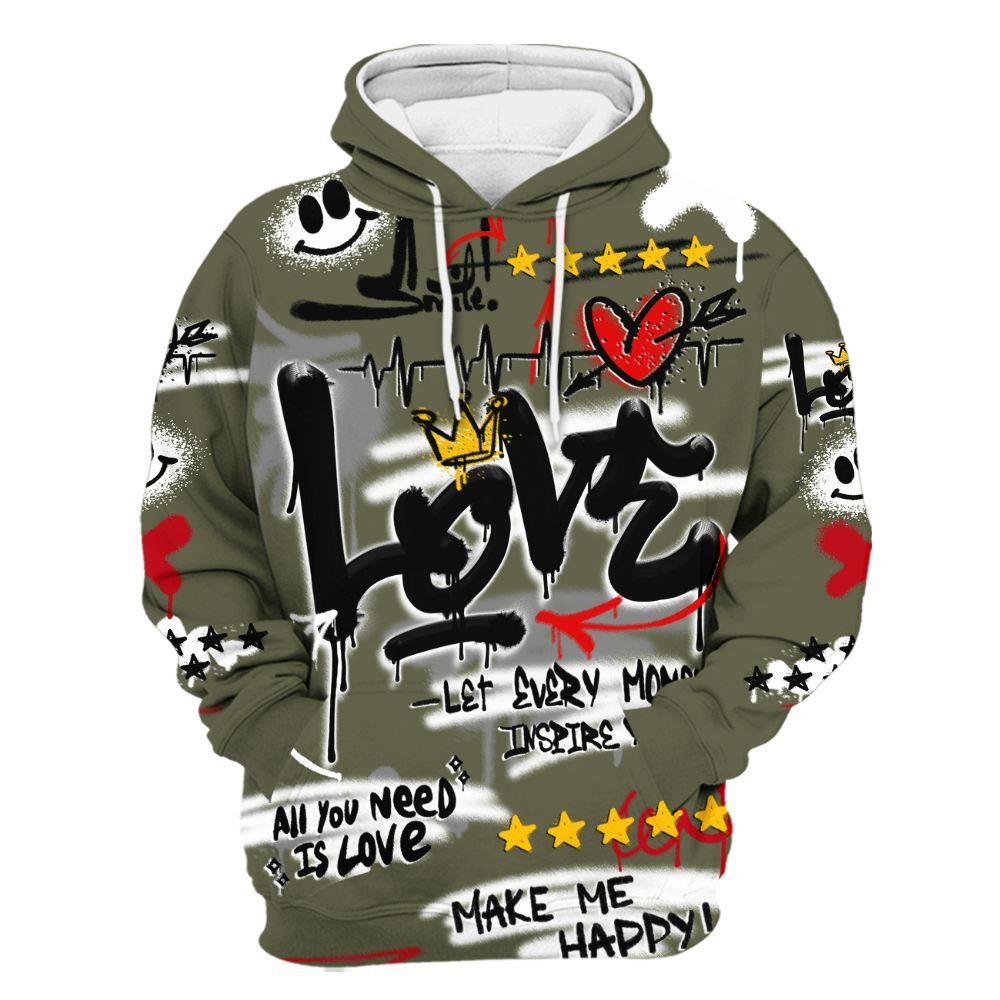 Hoodie To Match Low OG Medium Olive 1s - Happy Love Beats Graffiti Streetwear All Over Print