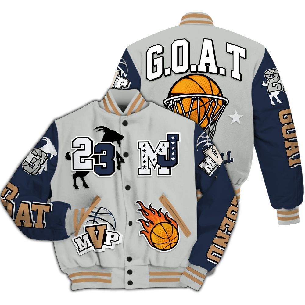 Varsity Jacket To Match Low Navy Grey Gum 1s - 23 Goat MVP Basketball All Over Print