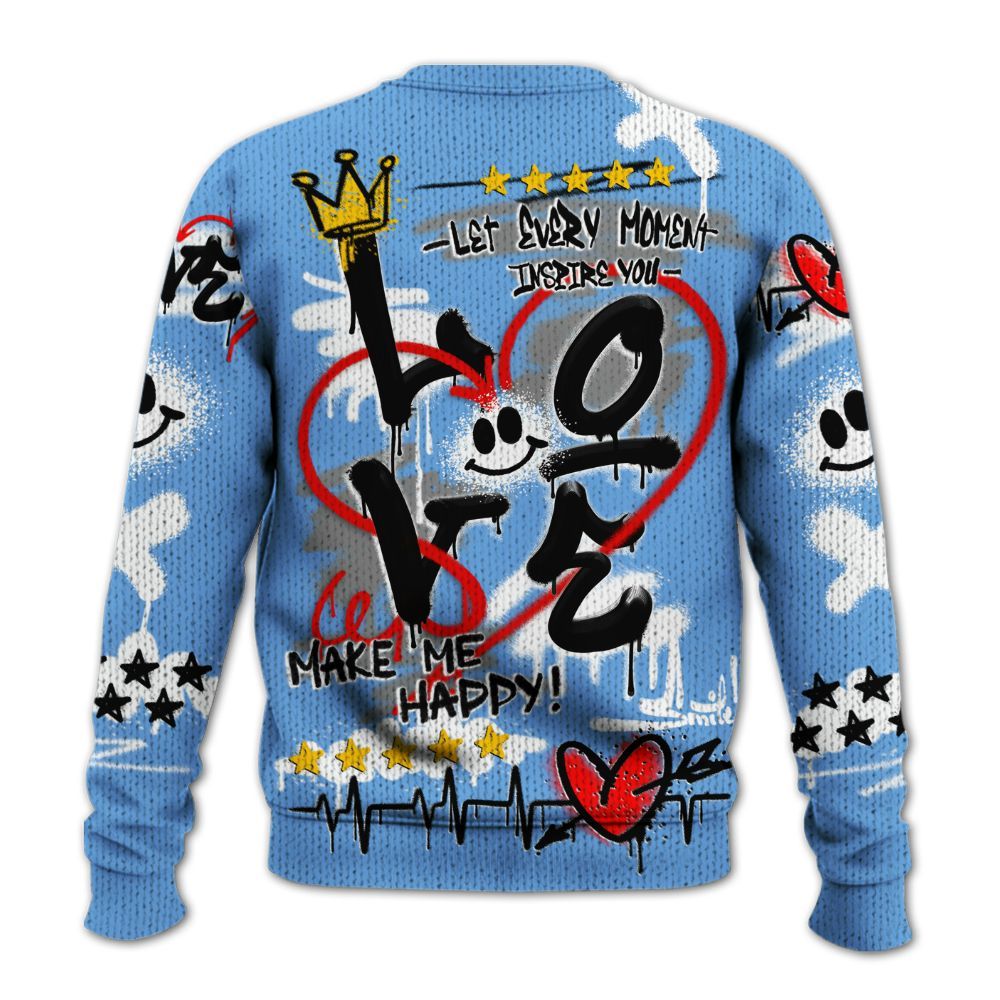 Knitted Sweater To Match University Blue 6s - Happy Love Beats Graffiti Streetwear