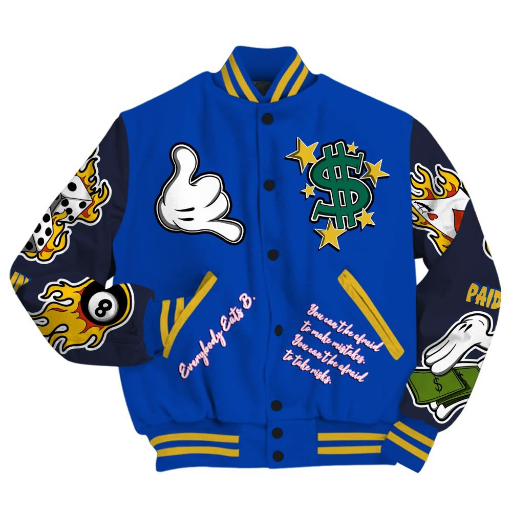 Varsity Jacket To Match Brazil Racer Blue Yellow 3s - Everybody Paid In Full Graphic All Over Print