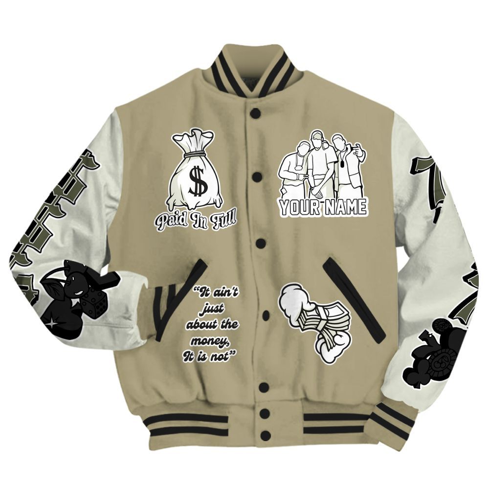 Varsity Jacket To Match Low OG Medium Olive 1s - Paid In Full Baseball Varsity Jacket Custom Name All Over Print