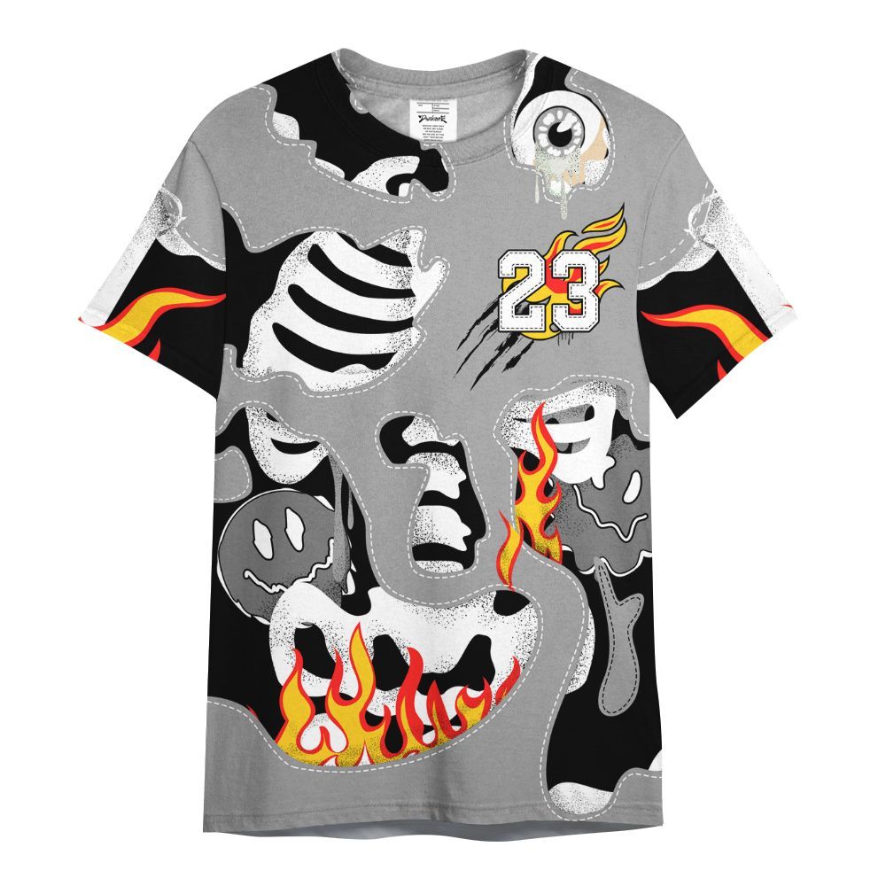Shirt To Match Black Wolf Grey 12s - Skeleton Smile Flame Drip All Over Print