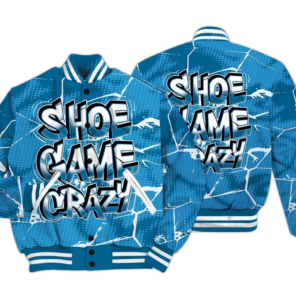 Varsity Jacket To Match Powder Blue 9s - Shoe Game Crazy White Graphic Crack Varsity Jacket Unisex