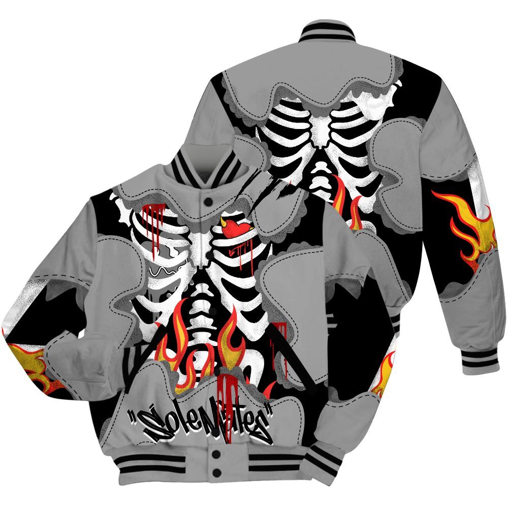Varsity Jacket To Match Black Wolf Grey 12s - Skeleton Burning Heart Drip All Over Print