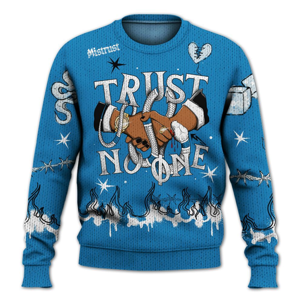 Knitted Sweater To Match Retro University Blue 9s - Trust No One Snake-Bite Doodle Crayon