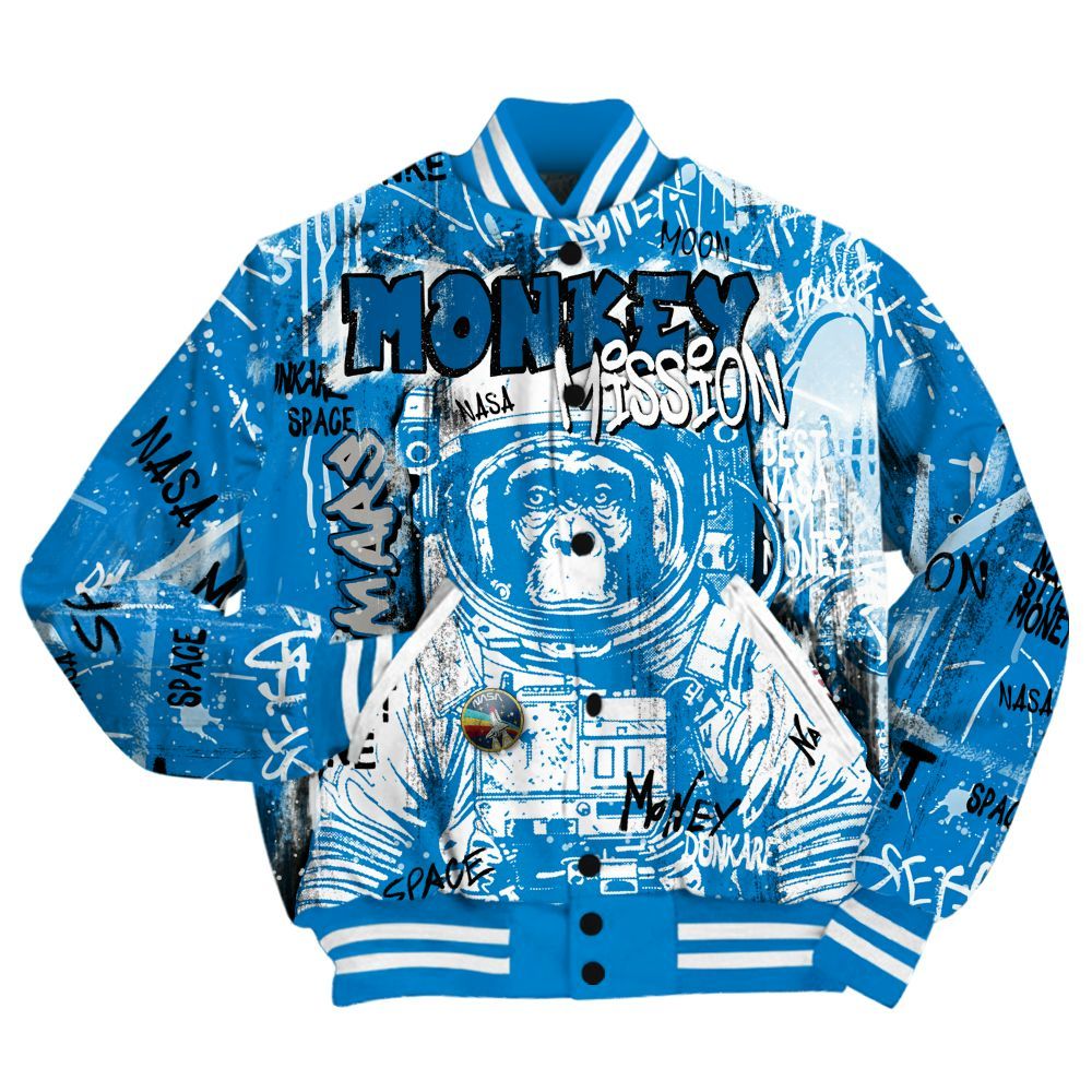 Varsity Jacket To Match Industrial Blue 4s Shirt, Monkey Misson Space Military Blue 4s All Over Print