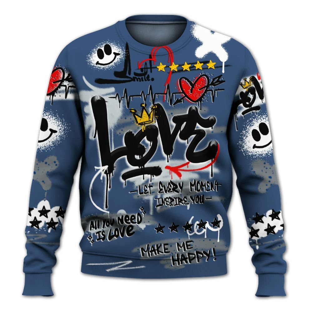 Sweatshirt To Match Midnight Navy 4s - Happy Love Beats Graffiti Streetwear All Over Print