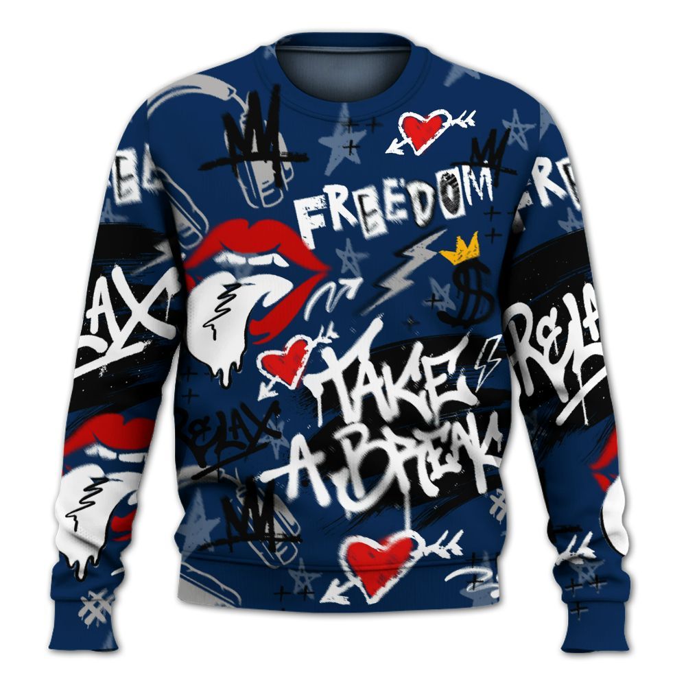 Sweatshirt To Match SB White Navy 4s - Take Break Freedom Graffiti Streetwear All Over Print