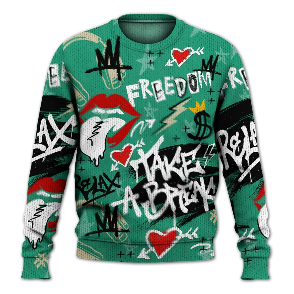 Knitted Sweater To Match Pine Green 4s - Take Break Freedom Graffiti Streetwear
