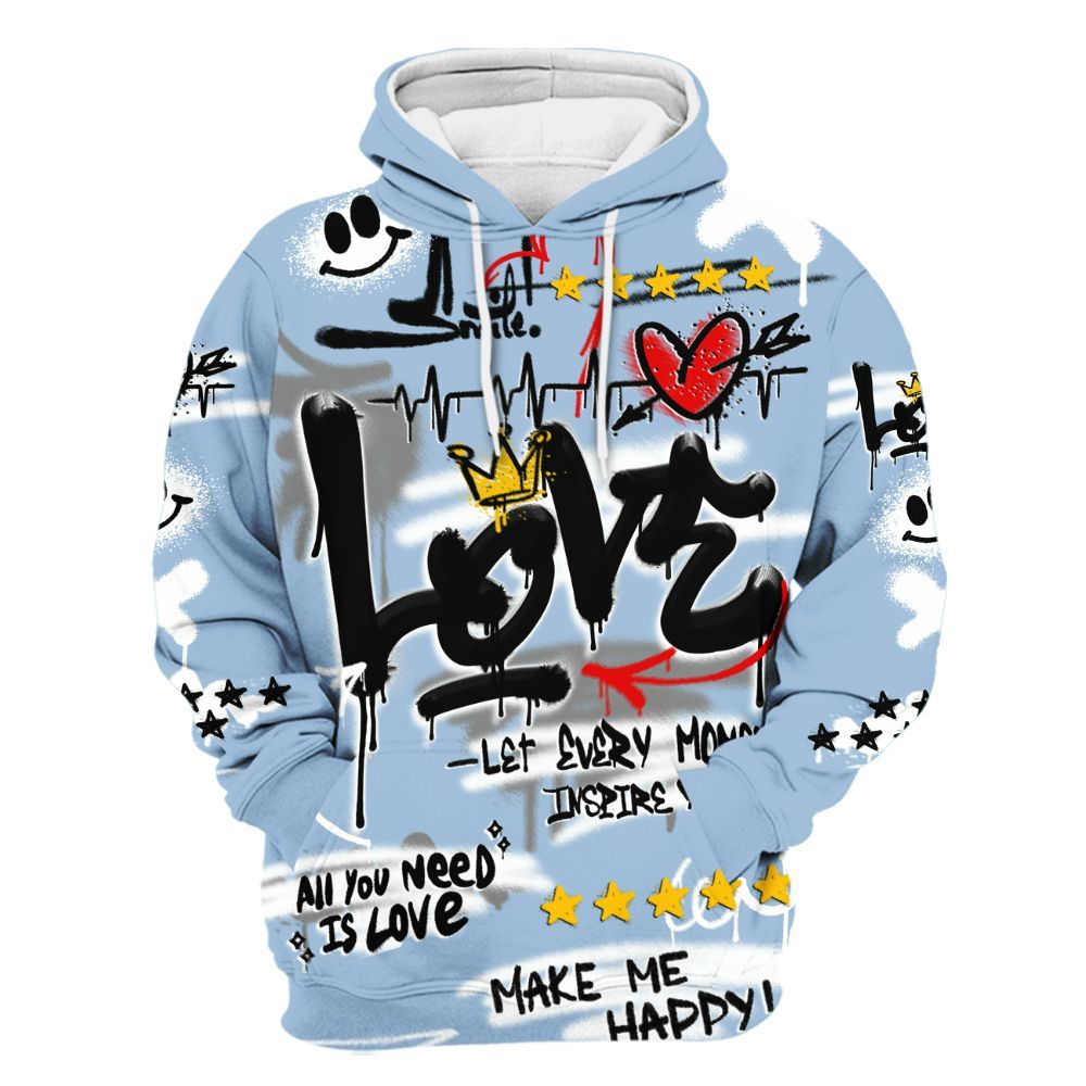 Hoodie To Match High University Blue 1s - Happy Love Beats Graffiti Streetwear All Over Print
