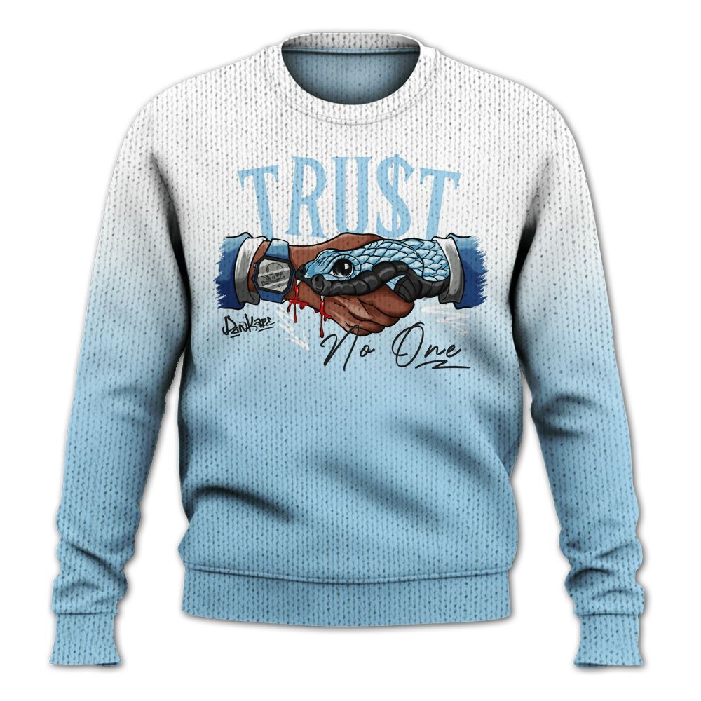 Knitted Sweater To Match Legend Blue 11s - Trust No One Drip Graphic