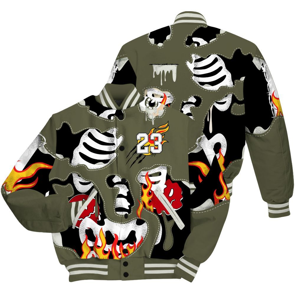 Varsity Jacket To Match Travis Scott Low OG Medium Olive 1s - Skeleton Smile Flame Drip All Over Print