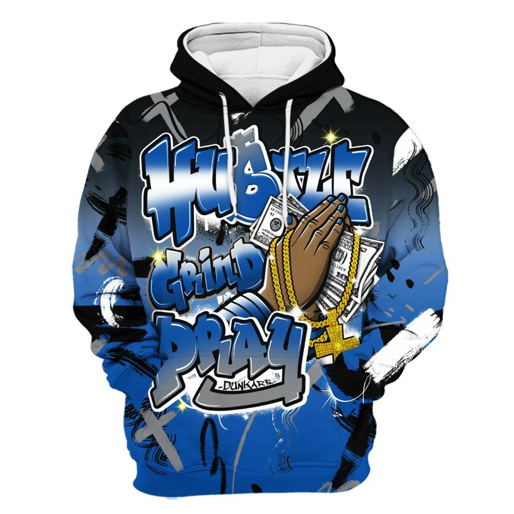 Hoodie To Match Racer Blue 5s - Money Hustle Grind Pray All Over Print