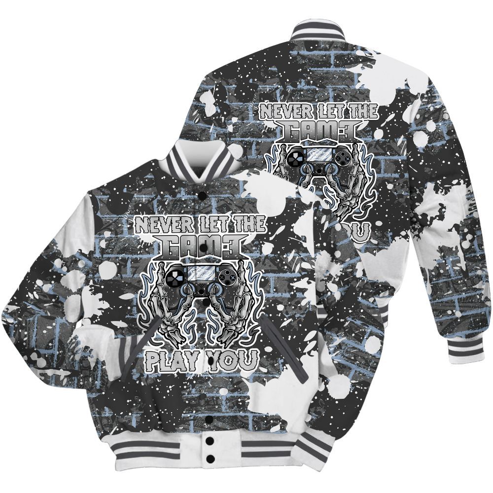 Varsity Jacket To Match Reverse Black White 6s Shirt - PlayGame Skull Brick All Over Print