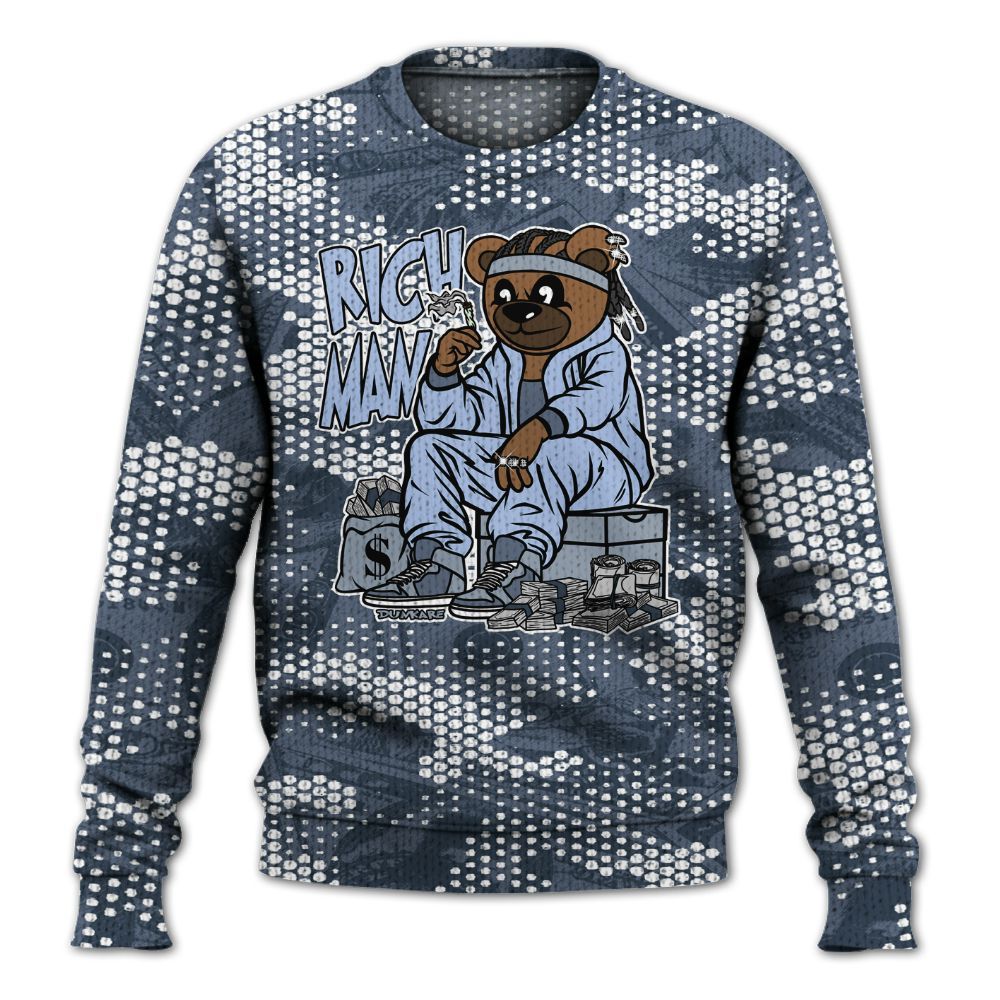 Knitted Sweater To Match Low Diffused Blue 11s - Rich Man Bear Banknotes Art