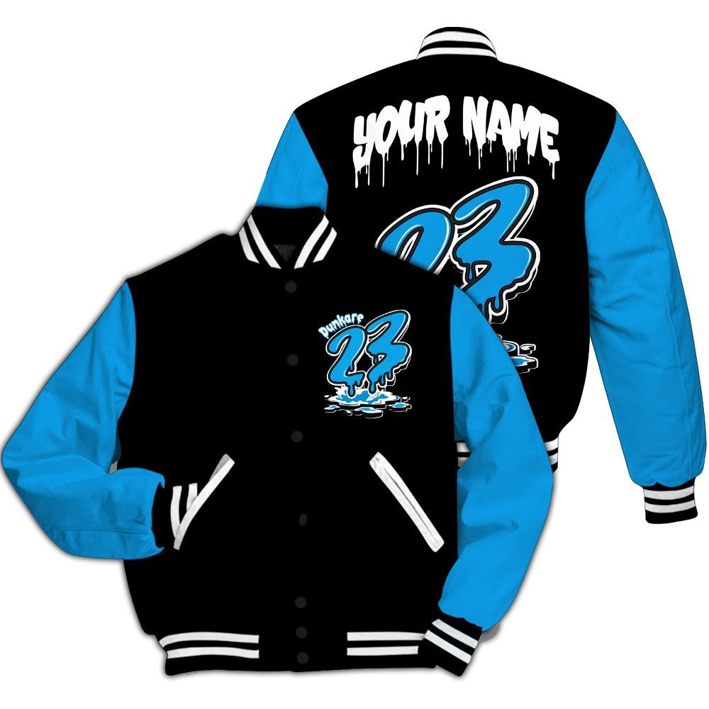 Varsity Jacket To Match Black University Blue 2022 13s - Custom Name 23 Drip All Over Print
