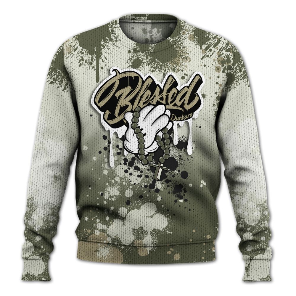 Sweater To Match Low OG Medium Olive 1s - God Blessed Ink Drip Graphic