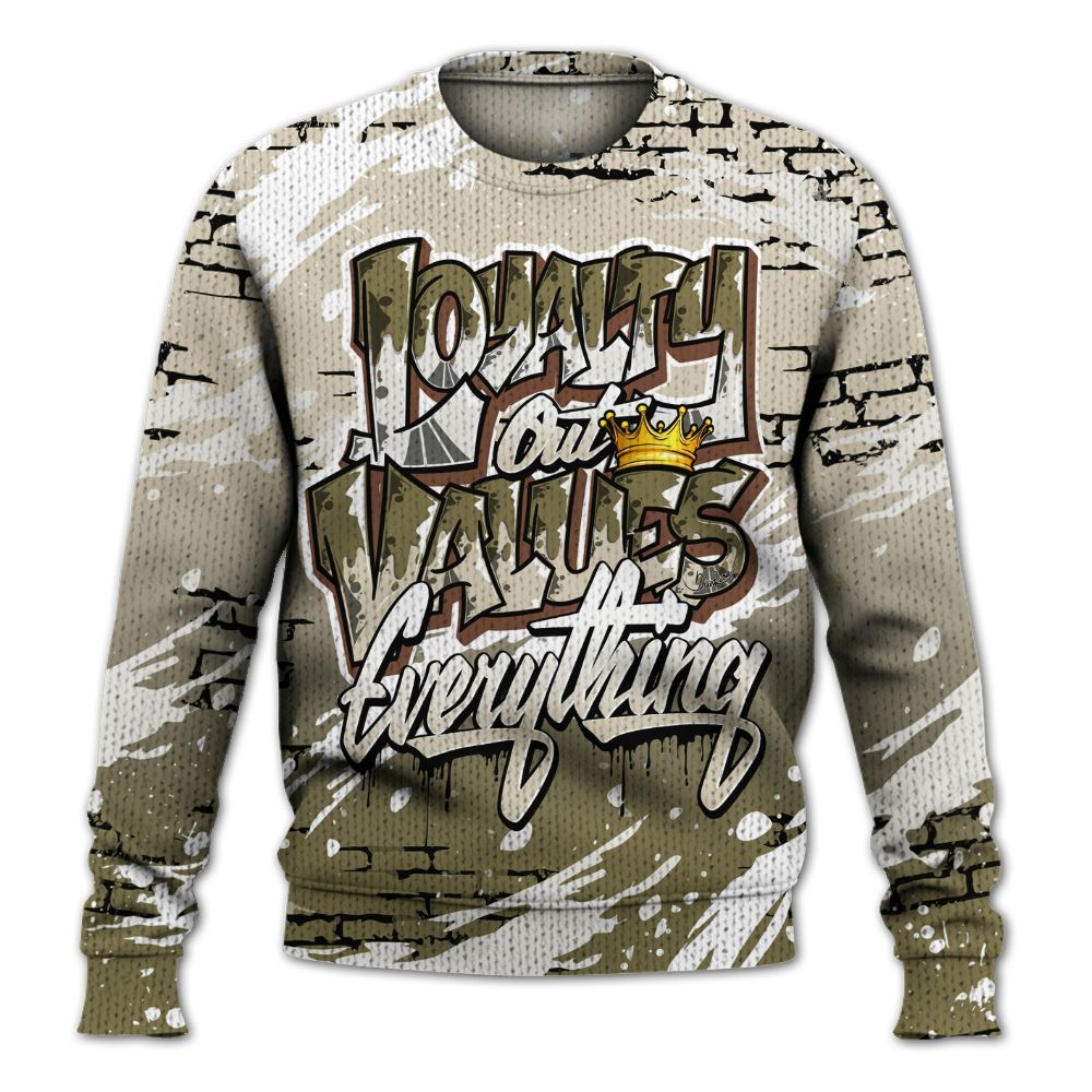 Sweater To Match Sail Neutral Olive 6s - Values Of Loyalty Drip Graphic