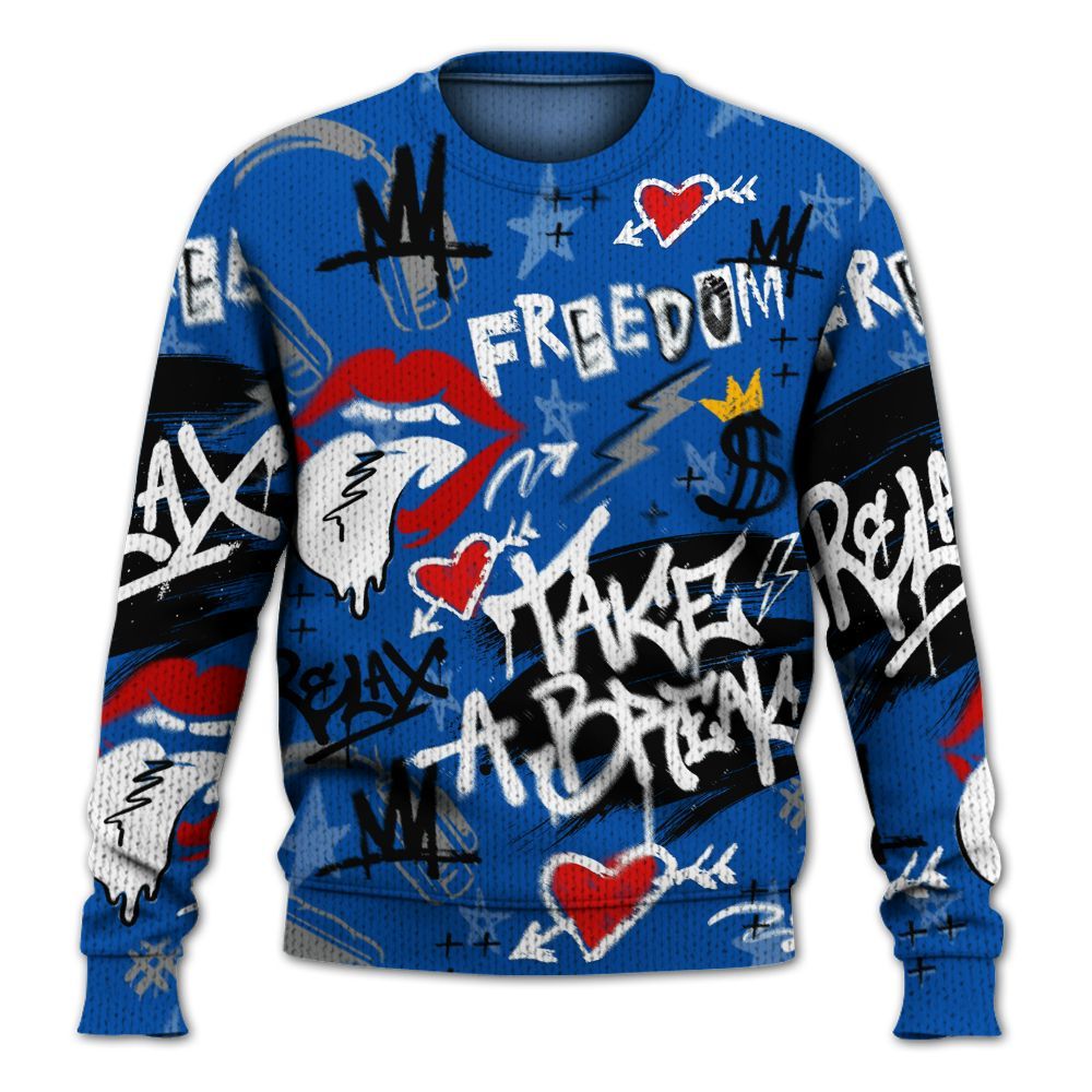 Knitted Sweater To Match Racer Blue 5s - Take Break Freedom Graffiti Streetwear