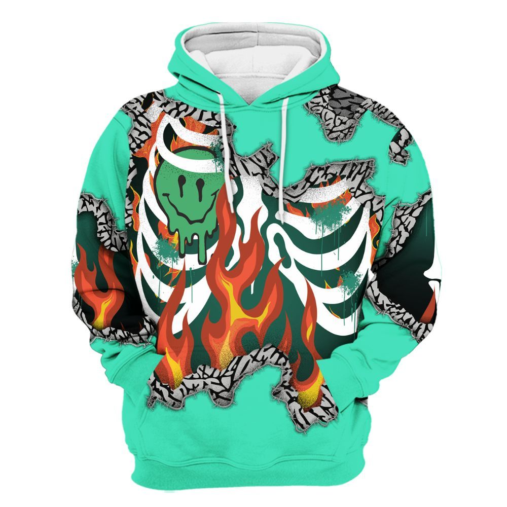 Hoodie To Match Black Green Glow 3s - Skeleton On Fire Skrrt Green Glow 3s All Over Print